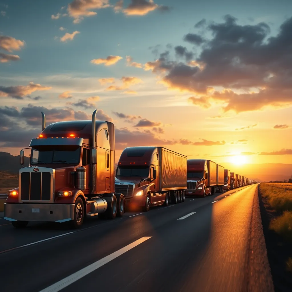 A photorealistic image of a fleet of semi-trucks driving on a scenic highway, with a setting sun in the background. The image should convey a sense of power, freedom, and opportunity.