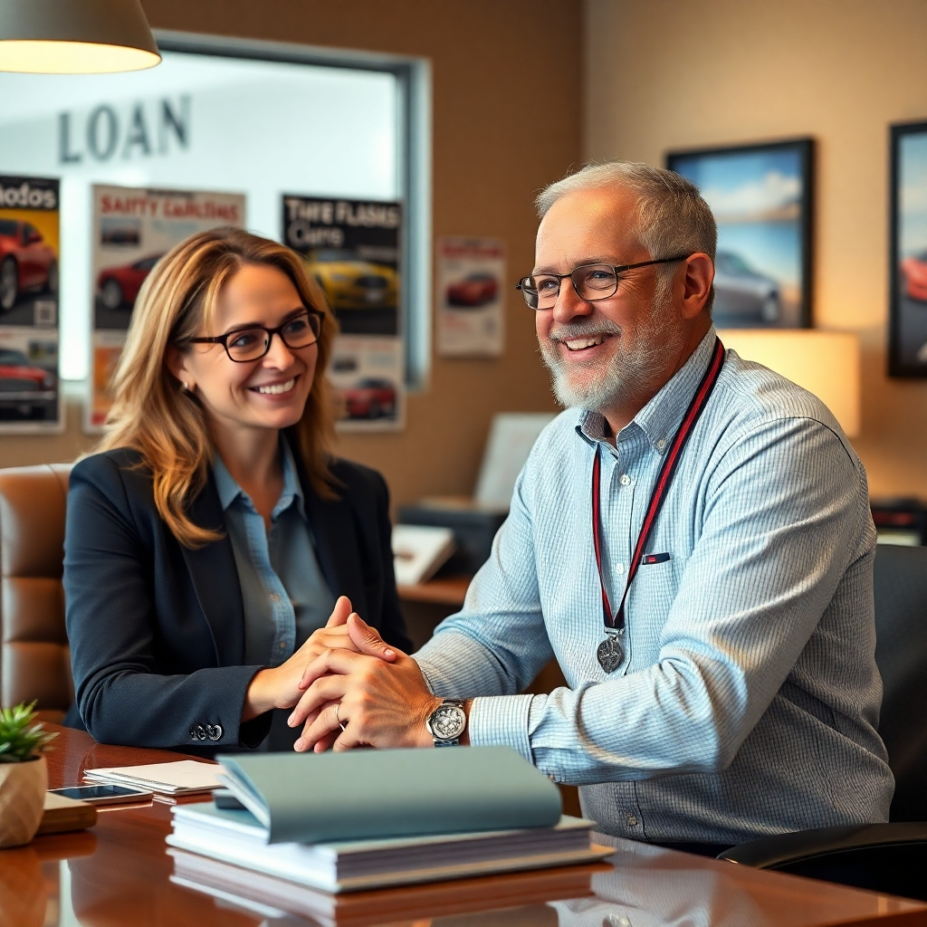 A photorealistic image of a friendly, knowledgeable loan specialist warmly assisting a client in a well-appointed office.  The background should subtly include classic car magazines or posters. The lighting should be warm and inviting, conveying a sense of personal attention.