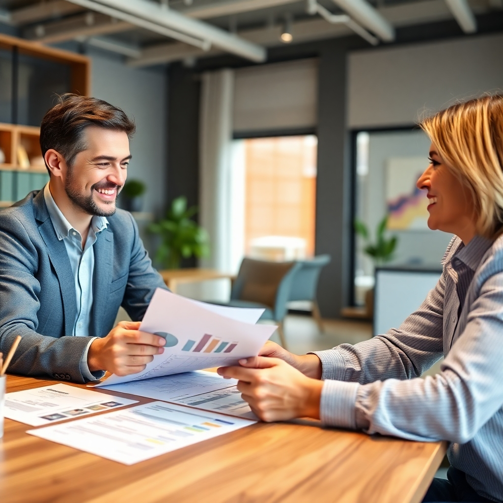 A photorealistic image of a friendly, professional accountant having a discussion with a small business owner, with relevant financial documents visible on the table, emphasizing trust and expertise. The setting should be a modern, inviting office.