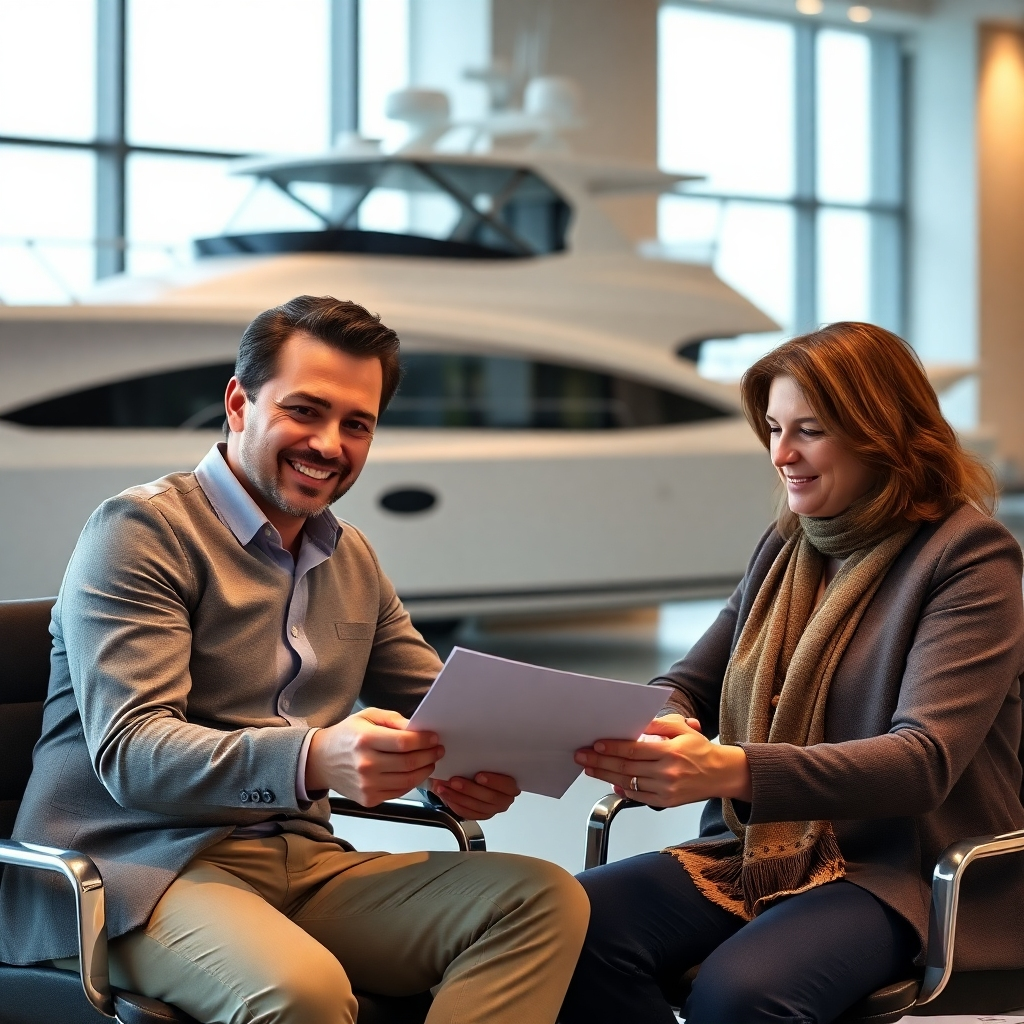 A photorealistic image of a friendly, professional broker sitting with a client, discussing documents related to a boat loan.  A partially visible image of a luxurious trailer sailer should be subtly present in the background. The setting should be a bright, modern office.