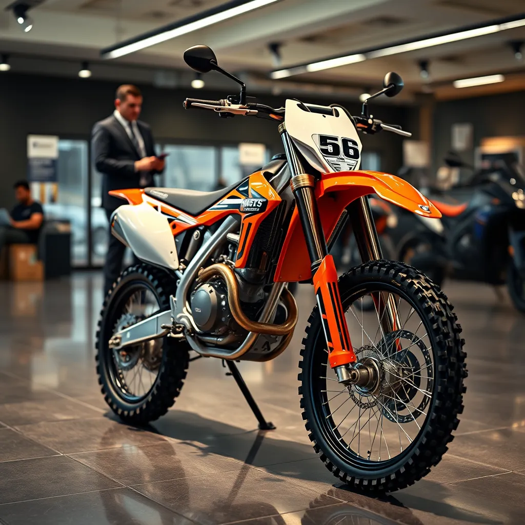 A photorealistic image of a gleaming, brand new dirt bike sitting on a showroom floor, with a finance manager in the background explaining terms to a customer. The image should convey excitement and anticipation for a new dirt bike purchase.