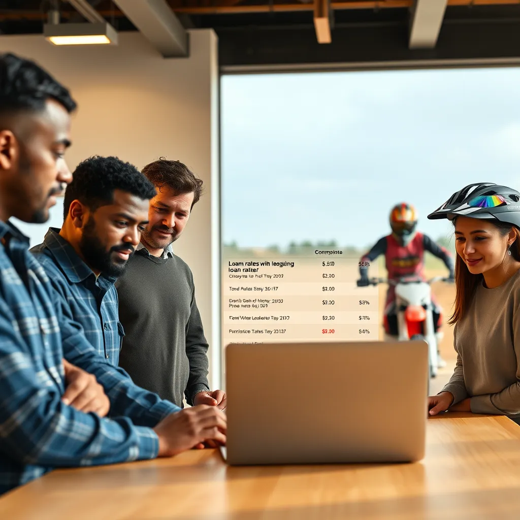  A photorealistic image of a group of diverse individuals standing around a table, looking at a laptop screen that shows a comparison of loan rates from multiple lenders. The image should convey the idea of multiple lenders competing for the best rates, while the dirt bike riders in the background emphasize the purpose of the financing.