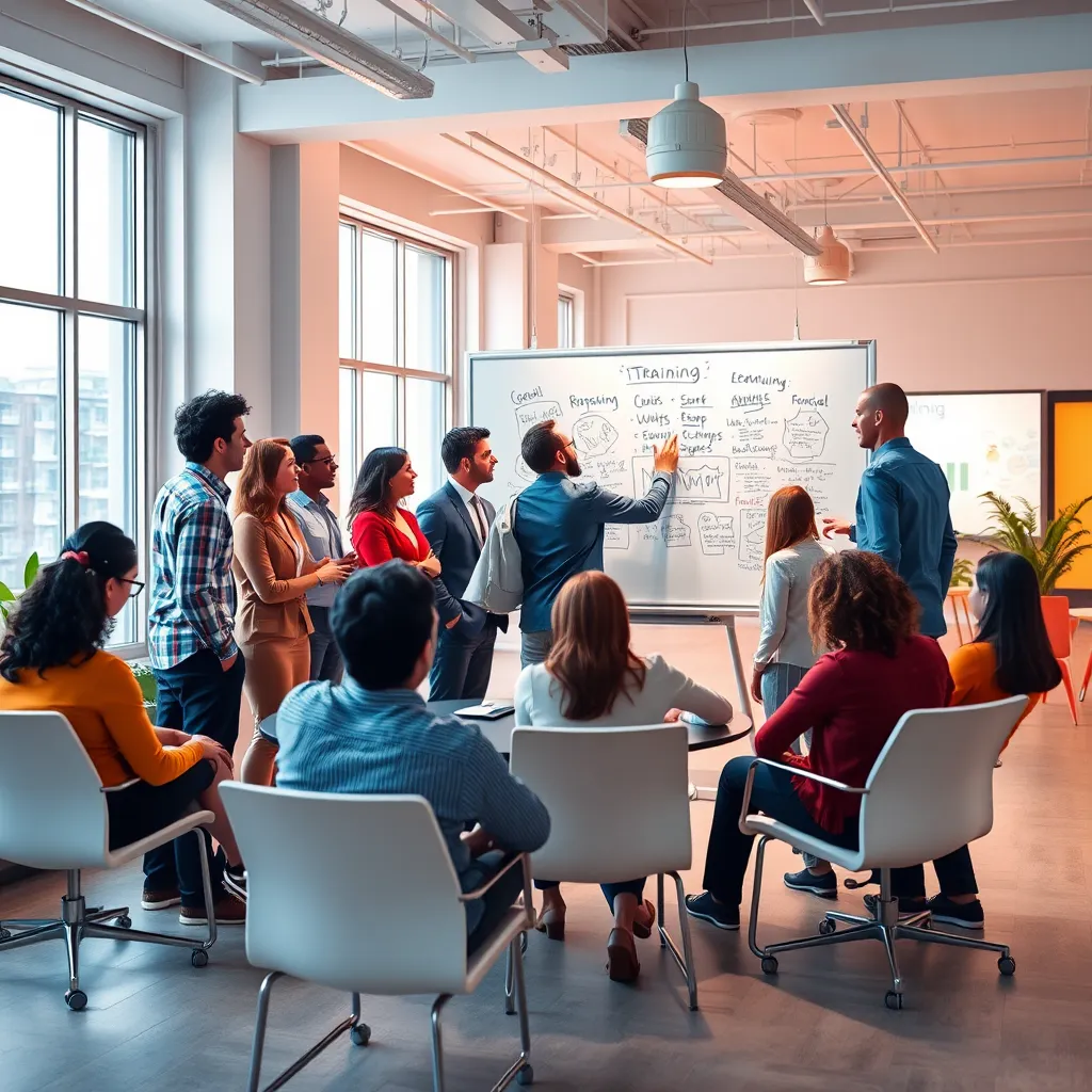 A photorealistic image of a group of diverse leaders participating in a dynamic training session, in a modern, open-plan office setting.  The leaders are engaged in active learning, with some standing and others sitting around a whiteboard covered with ideas and strategies. The office space is bright and airy, with natural light streaming through large windows.  The image should convey a sense of energy, collaboration, and growth, with the focus on the leaders' interactions and the positive impact of the training. Render the image in 8K resolution, with hyperrealistic details and a vibrant color palette that represents creativity, inspiration, and innovation.