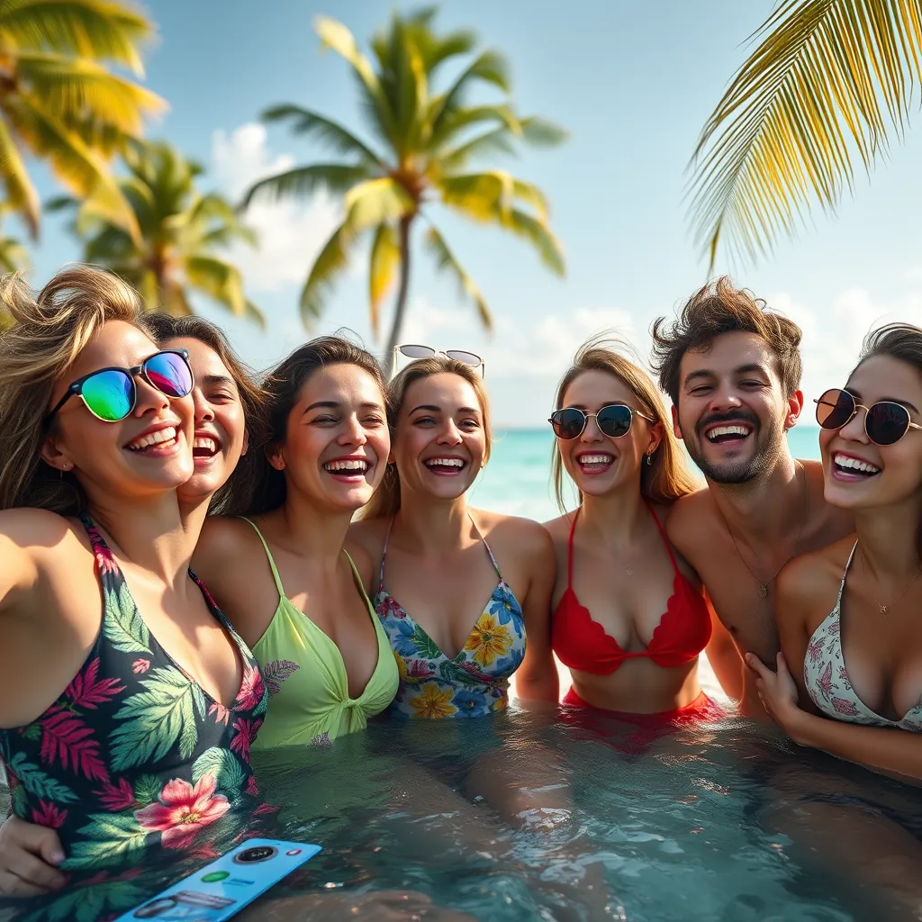A photorealistic image of a group of friends smiling and having fun while on a tropical beach vacation. They are wearing colorful clothes and enjoying the warm weather, with palm trees and turquoise water in the background. The image should convey a sense of freedom and joy.
