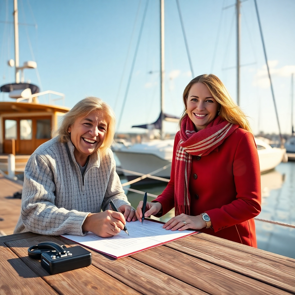 A photorealistic image of a happy couple signing loan documents for their new trailer sailer, with the boat visible in the background, docked at a sunny marina. The image should highlight the feeling of excitement and accomplishment.