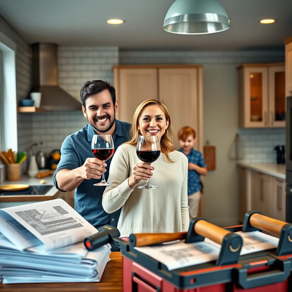 A photorealistic image of a happy family enjoying their renovated kitchen, with a cheerful couple holding a glass of wine while their children play in the background. In the corner, a stack of blueprints and a hammer resting on a toolbox suggest recent renovations.