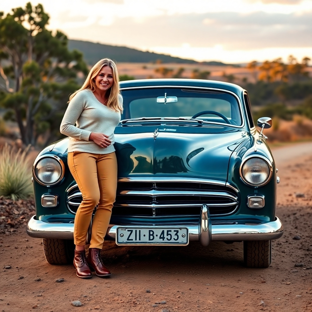 A photorealistic image of a vintage car gleaming in sunlight, with a superimposed graphic showing a low interest rate percentage and the Australian flag subtly in the background. The style should be clean and modern, emphasizing financial benefits.
