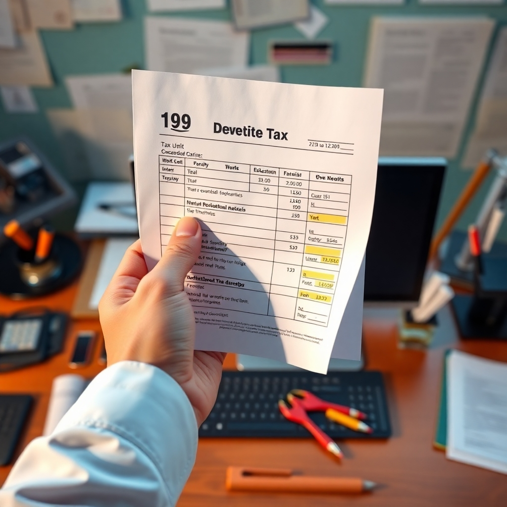 A photorealistic image of a hand holding a paperwork displaying a tax document with highlighted deductions, along with symbolic objects representative of tax-deductible items such as work tools, educational materials and charitable donation receipts. The background should be an office desk with some other work-related accessories, creating a professional and organized scene.
