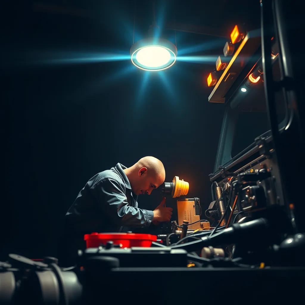 A photorealistic image of a mechanic working on a truck under a bright spotlight at night. The scene should convey a sense of urgency and reliability, with the mechanic focused on their task while surrounded by tools and equipment.
