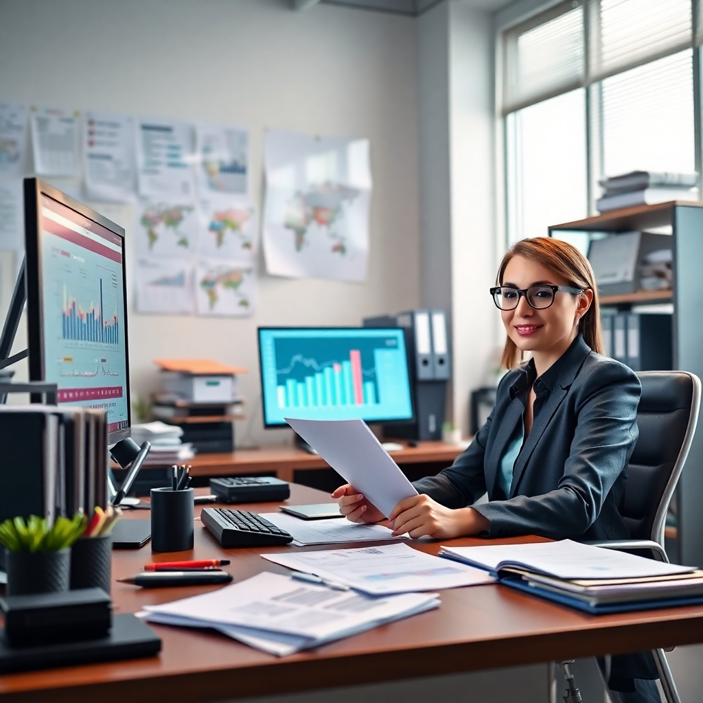 A photorealistic image of a modern, organized accounting office.  Focus on a neatly arranged workspace with organized files, a computer displaying accounting software, and a person confidently working with financial documents. The overall ambiance should convey accuracy, organization, and efficiency.