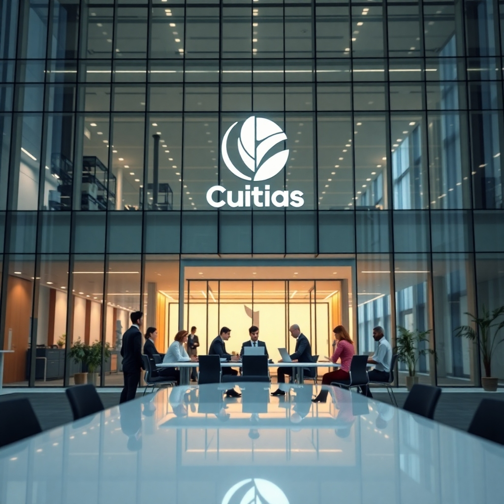 A photorealistic image of a modern office building exterior, with the company logo prominently displayed. In the foreground, sharply focused and detailed, are several employees collaborating around a large conference table in a bright, well-designed office environment. The image should reflect professionalism, structure, and corporate success.