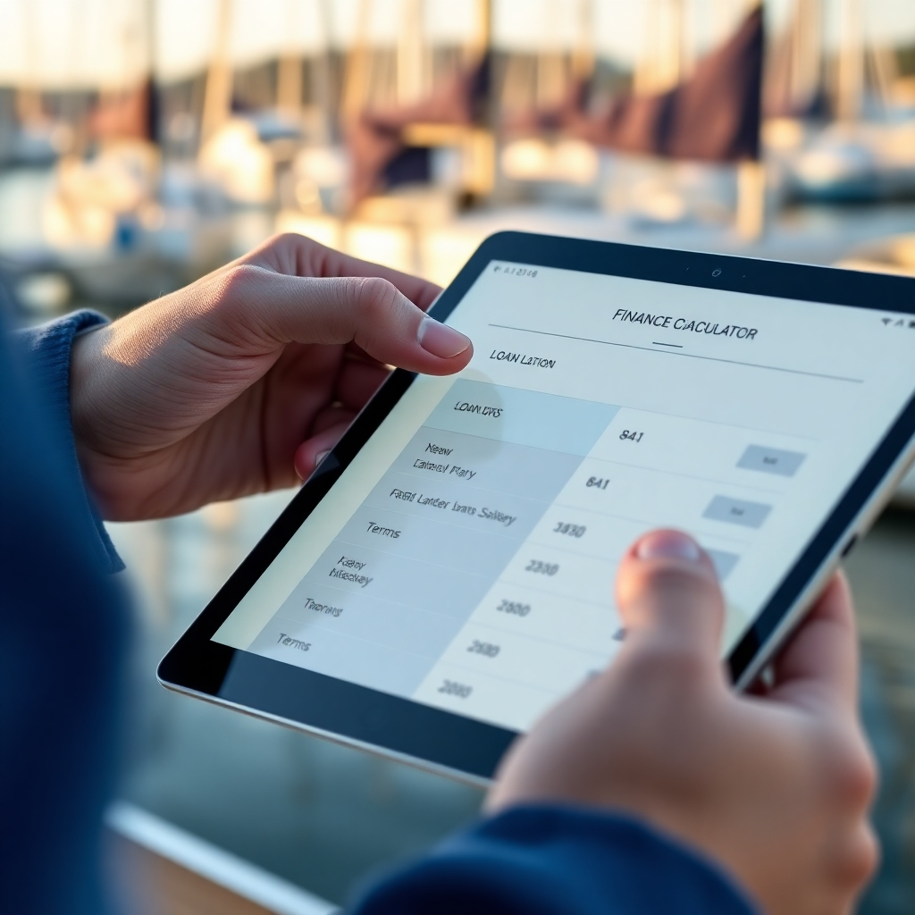 A photorealistic image of a person using a finance calculator app on a tablet, showing various loan options for a trailer sailer with different loan amounts and terms clearly displayed. The background should be a marina with sailboats. The image should convey a sense of planning and financial decision-making.