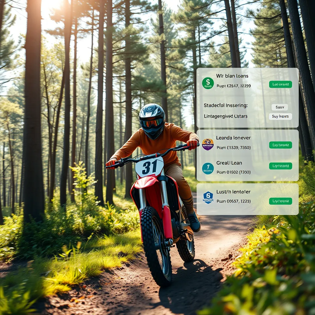  A photorealistic image of a person riding a dirt bike through a scenic forest trail. The image should be bright and vibrant, showcasing the joy and freedom of riding a dirt bike. In the background, a digital interface displaying loan options from different lenders should be subtly incorporated.