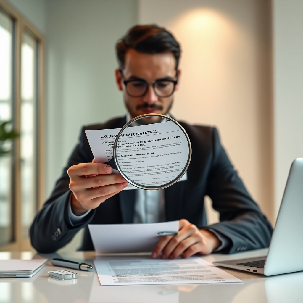 A photorealistic image of a person sitting at a desk, carefully reviewing a car loan contract with a magnifying glass, highlighting sections detailing interest rates and fees.  The background should subtly feature a modern, minimalist office setting, conveying professionalism and attention to detail.  The image should emphasize the importance of meticulous review.