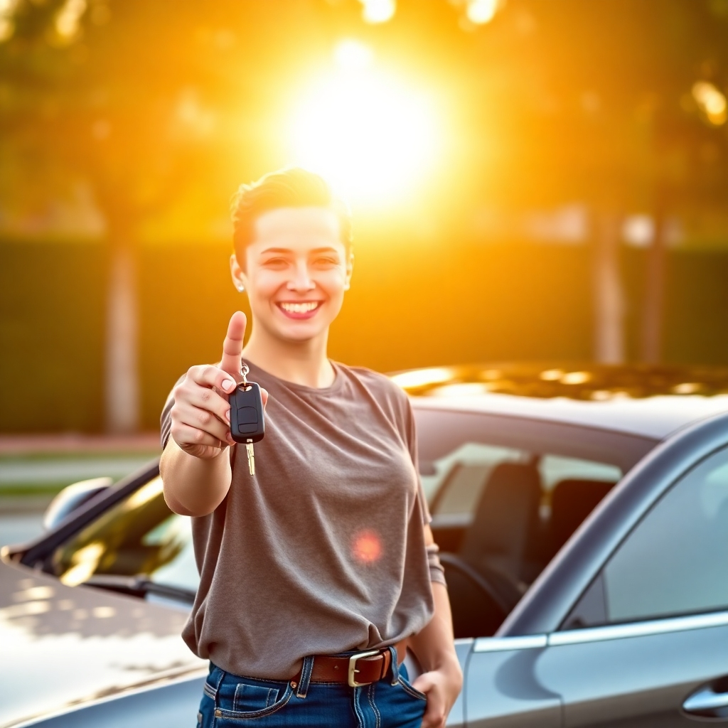 A photorealistic image of a person smiling and holding their car keys, standing next to a sleek, modern car. The background is a sunny, outdoor setting. The overall mood is joyful and celebratory. High-resolution, detailed, and vibrant colors.  Focus on the feeling of accomplishment and happiness.