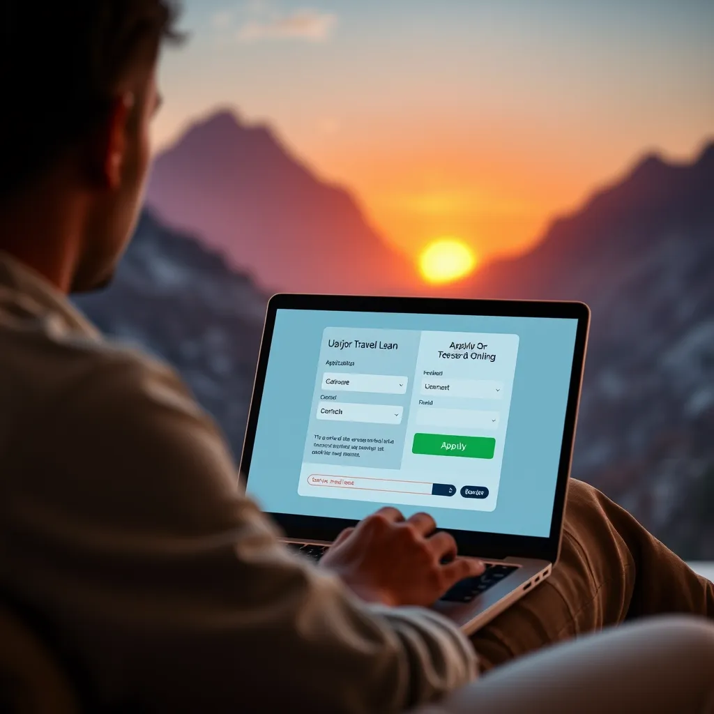A photorealistic image of a person sitting comfortably at a laptop, applying for a personal travel loan online.  The laptop screen displays a simplified loan application form with a progress bar nearing completion.  The background shows a blurred image of a stunning mountain landscape with a vibrant sunrise, symbolizing the journey and adventure ahead.