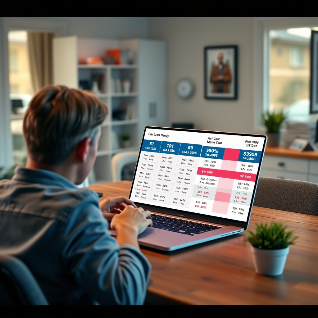 A photorealistic image of a person sitting at a desk, using a laptop to compare different car loan offers from various Australian banks and financial institutions. The laptop screen should clearly display various loan details like interest rates, fees, and repayment periods. The background should be a modern, well-lit home office.