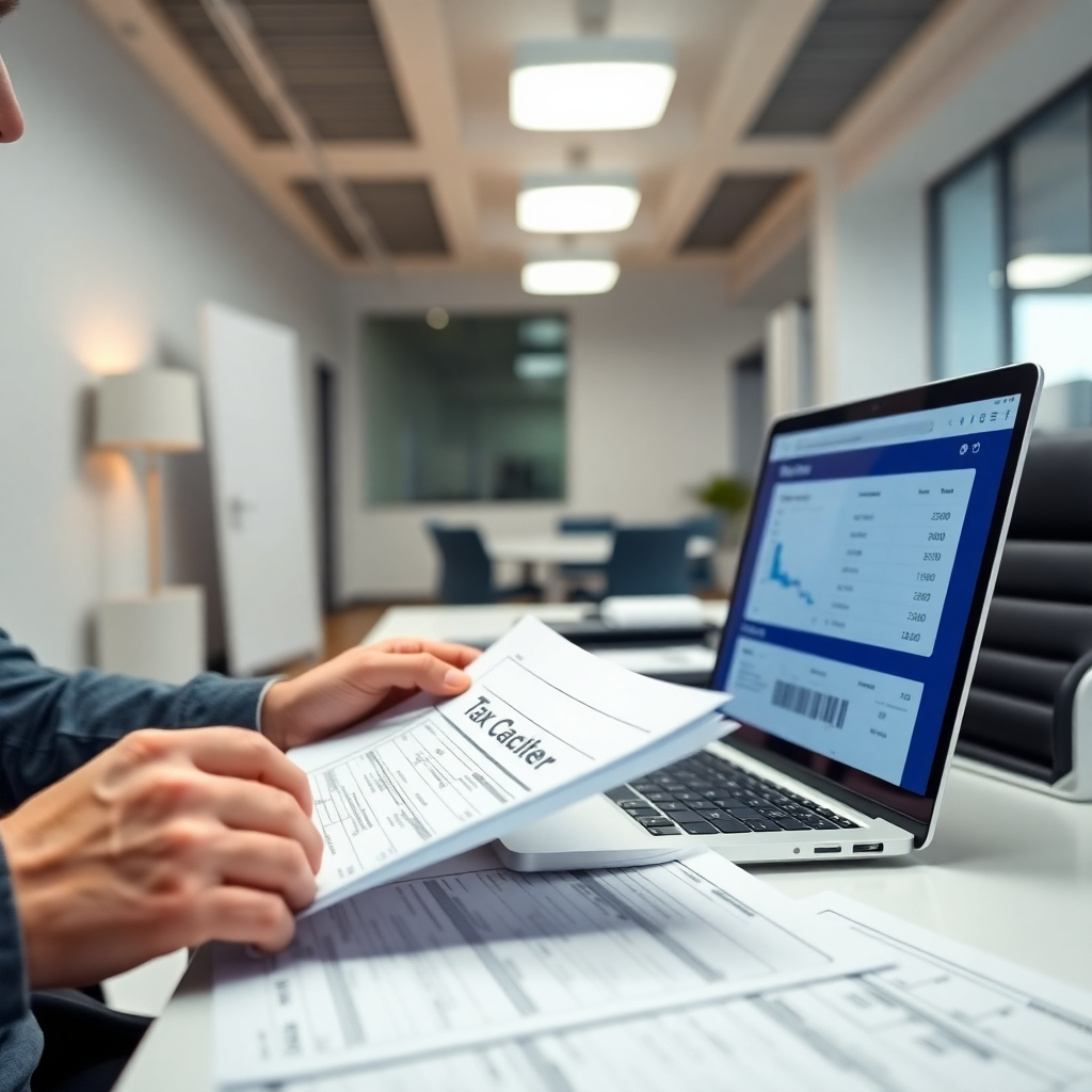 A photorealistic image of a person reviewing their tax return documents, with a laptop displaying a tax calculator or government website showing tax brackets. The atmosphere should be calm but slightly stressful, suggesting the careful process of tax filing.  The background should be a minimalist and modern office space, suggesting professionalism.