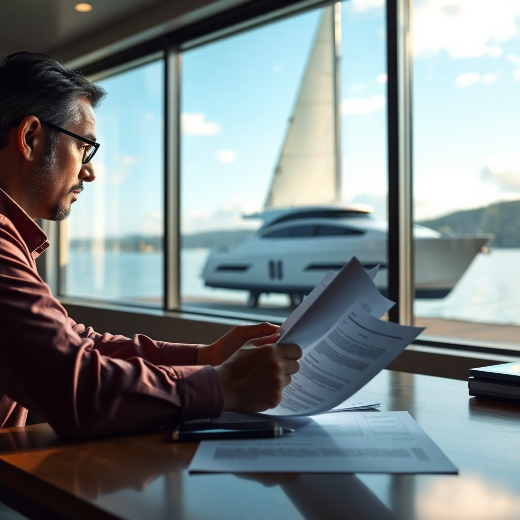 A photorealistic image of a person sitting at a desk, reviewing documents related to a boat loan, with a sleek, modern trailer sailer visible through a large window in the background.  The scene should evoke a feeling of careful consideration and financial planning. High-resolution, sharp details.
