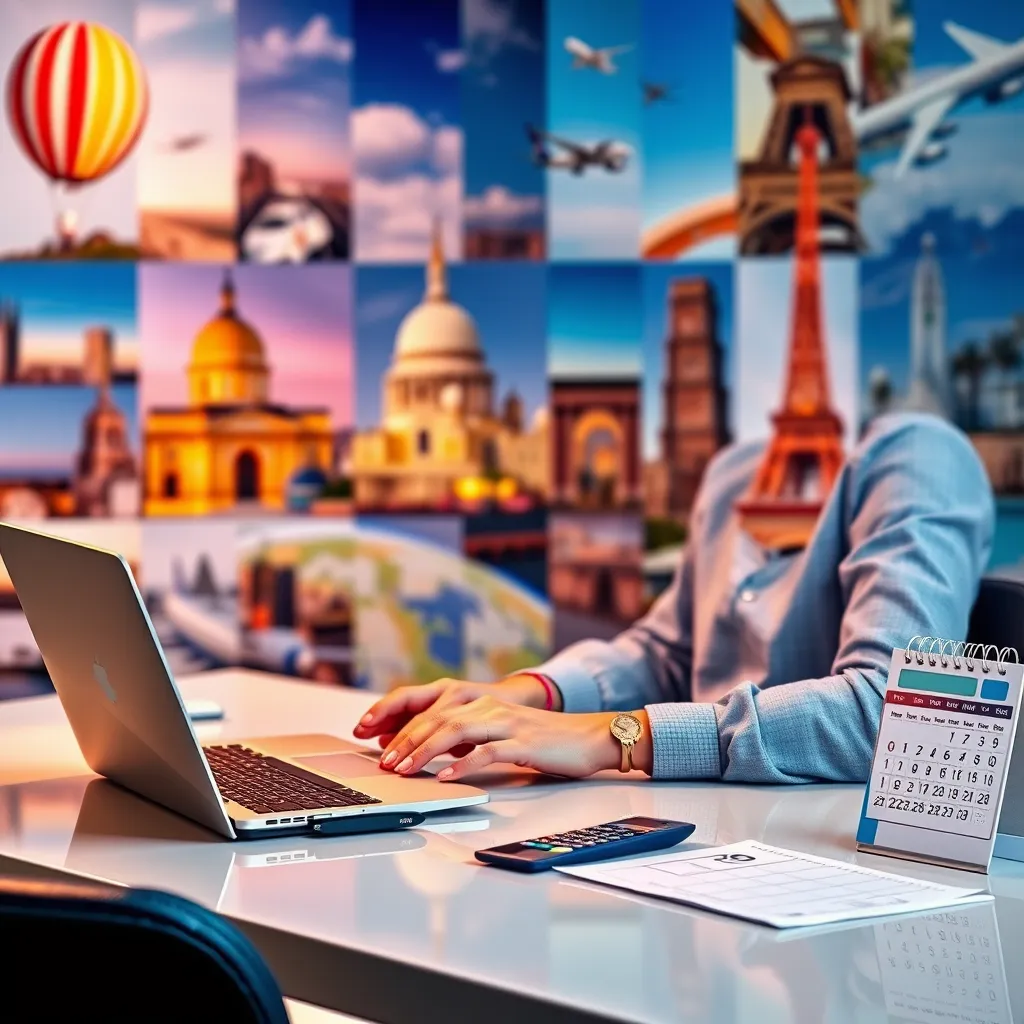 A photorealistic image of a person sitting at a desk with a laptop, researching travel destinations and booking flights. The image should include a calculator and a calendar, symbolizing financial planning and organization. The background should be a collage of different travel destinations, representing a variety of options and possibilities.