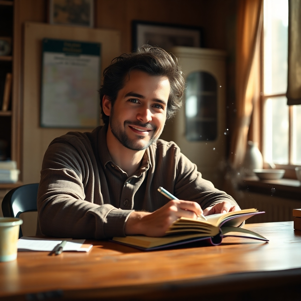 A photorealistic image of a person, mid-30s, with kind eyes and a genuine smile, sitting at a wooden desk in a cozy room, writing in a journal with a pen. Natural light streams from a nearby window, illuminating dust motes in the air. The overall feeling is warm, inviting, and authentic.