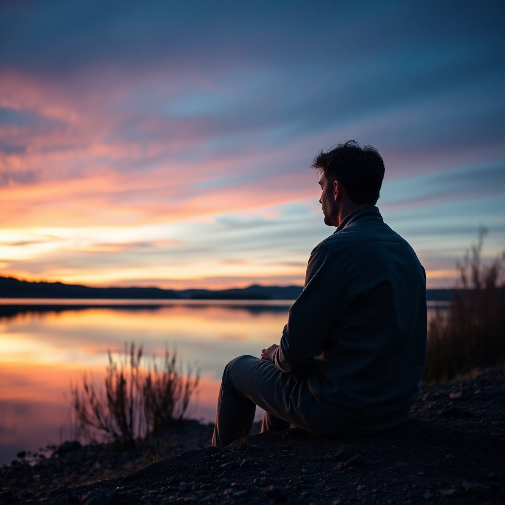 A photorealistic image of a person, resembling Robert, sitting alone by a tranquil lake at sunset. The person appears thoughtful and contemplative, gazing at the serene water reflecting the colorful sky. The image should convey a sense of peace, solitude, and introspection, with soft, warm lighting and a calm atmosphere. The overall mood should be reflective and serene.