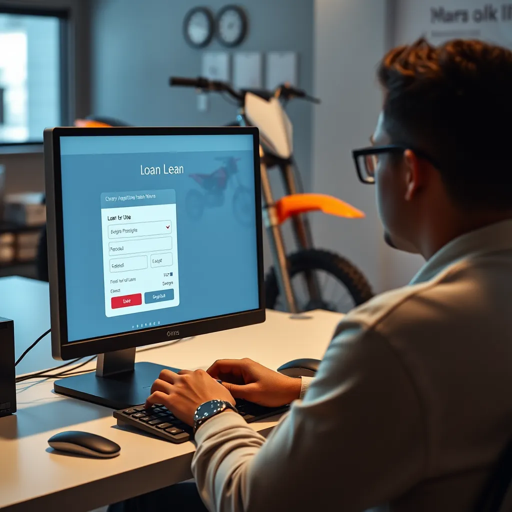A photorealistic image of a person sitting at a computer, filling out an online loan application form. The screen should display a clear and easy-to-use application interface, with a dirt bike prominently featured in the background. The image should convey a sense of convenience and efficiency, with a clean and minimalist design.