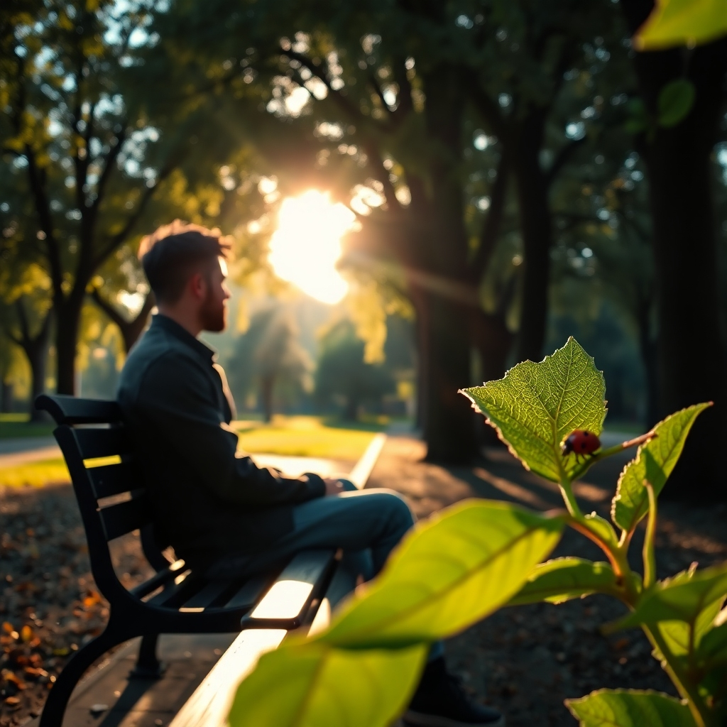 A photorealistic image of a person sitting on a park bench, seemingly lost in thought, yet with sharp focus on intricate details like a ladybug on a leaf, sunlight filtering through trees, and the texture of the park bench. The overall mood should be peaceful yet observant.