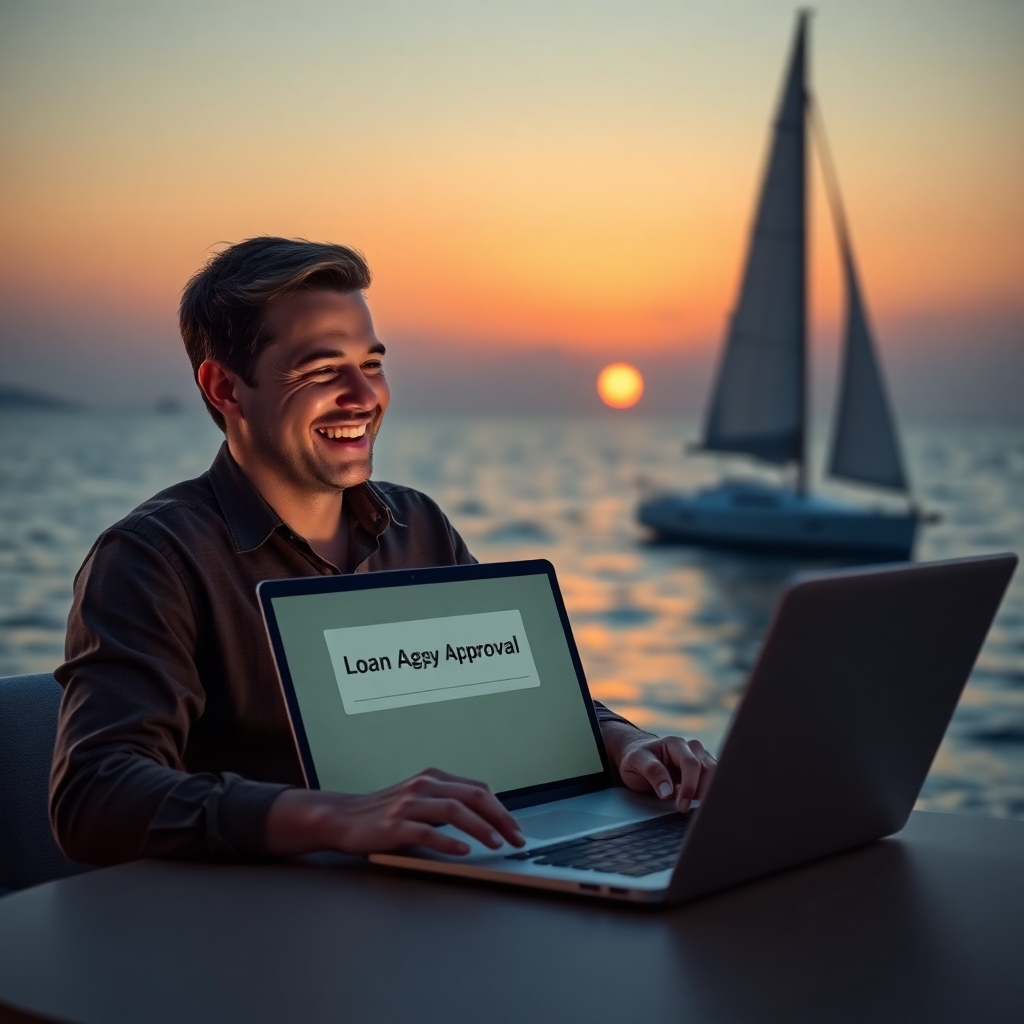 A photorealistic image of a person smiling and looking at a laptop screen displaying a loan approval message. In the background, a sleek trailer sailer is gently rocking in a calm ocean bay at sunset. The overall mood should be positive and hopeful.