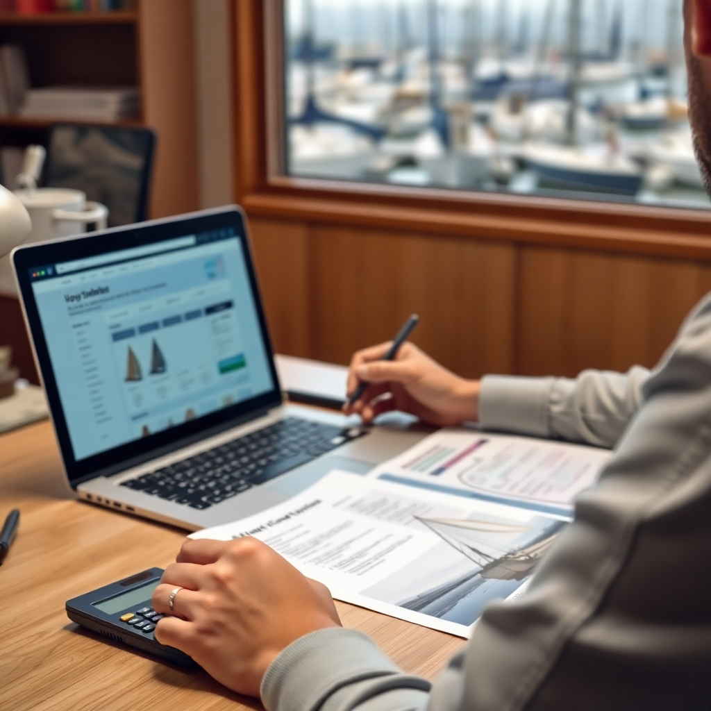 A photorealistic image of a person sitting at a desk, reviewing loan documents related to a sailboat purchase.  The desk should be organized with a laptop showing a loan comparison website, a calculator, and a brochure depicting a beautiful trailer sailer. The background should subtly show a marina with sailboats in the distance, suggesting a sense of aspiration and freedom.