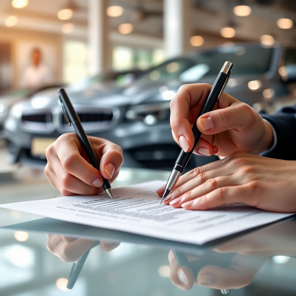 A photorealistic image of a person signing car loan documents with a pen, with a shiny new car visible in the background. The documents should be clearly visible, with details like loan type, interest rate, and loan term subtly shown. The background should be the interior of a car dealership, highlighting a professional and trustworthy atmosphere.