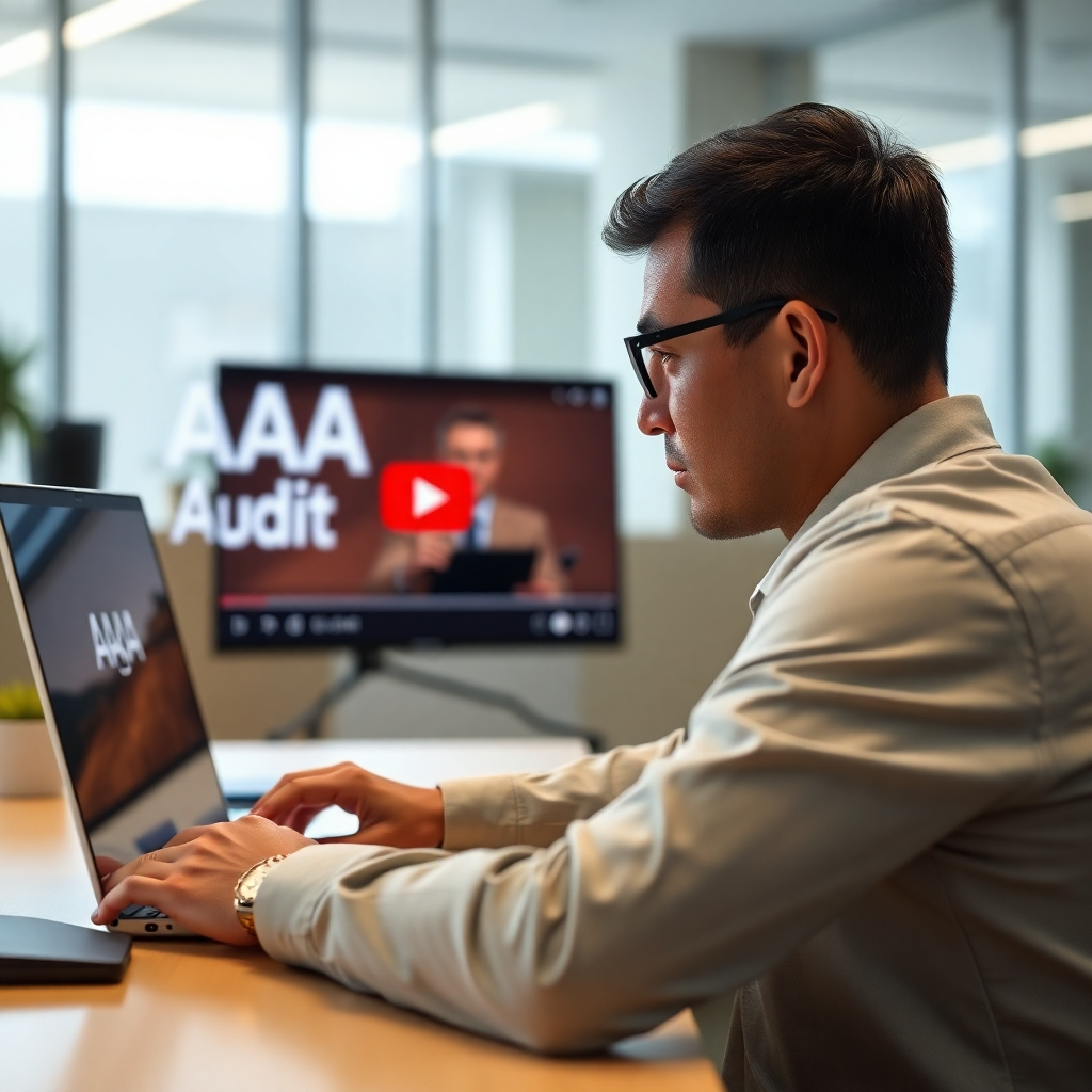 A photorealistic image of a person attentively watching an AAA Audit YouTube video on a laptop, with the AAA Audit logo subtly visible in the background.  The setting should be a bright, modern office space, suggesting professionalism and learning. The person's expression should convey focus and understanding.  High resolution, detailed textures, cinematic lighting.
