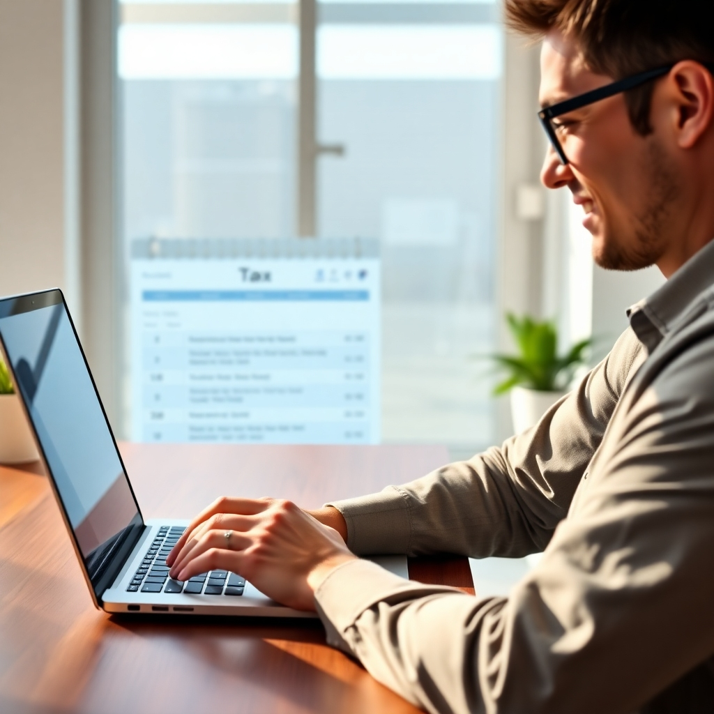 A photorealistic image of a person confidently using a laptop to file their taxes online. The laptop screen should clearly show a simplified tax return interface.  In the background, depict a modern Australian office setting with natural light, conveying efficiency and ease of use. Include a digital calendar prominently showing the tax deadline.