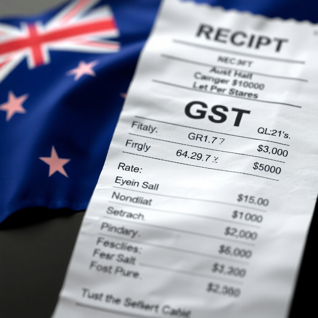 A photorealistic image of a receipt showing GST clearly itemized, with an Australian flag subtly in the background. The image should be clean, well-lit, and sharp, focusing on the GST details for clarity and readability. The overall style should be professional and informative, suitable for a financial guide.