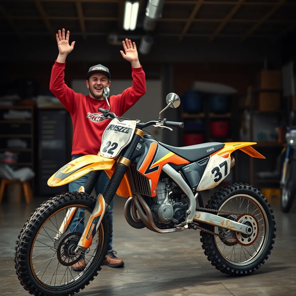 A photorealistic image of a rider excitedly inspecting a used dirt bike in a garage setting. The bike should show signs of wear and tear, but be clean and well-maintained, signifying a good value purchase.