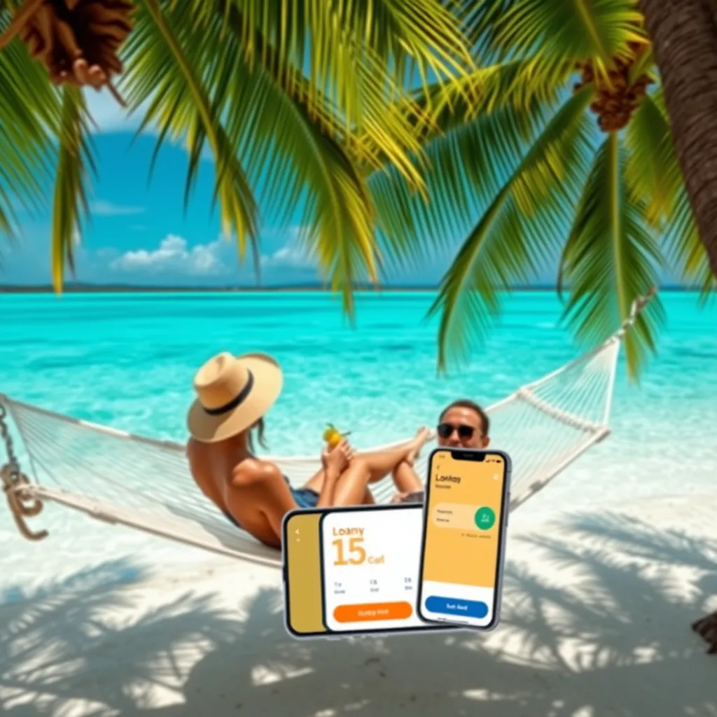 A photorealistic image of a serene tropical beach with crystal-clear turquoise water.  A couple is relaxing on a hammock beneath swaying palm trees, enjoying a refreshing tropical drink.  The image should convey a sense of relaxation and freedom associated with travel, while also subtly showcasing a smartphone displaying a loan application screen in the foreground.