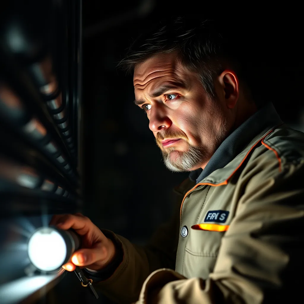 A photorealistic image of a service technician in a professional uniform, carefully inspecting a commercial vehicle with a concerned expression. The scene should take place at night, with the technician illuminated by a flashlight, emphasizing their expertise and dedication to helping customers.