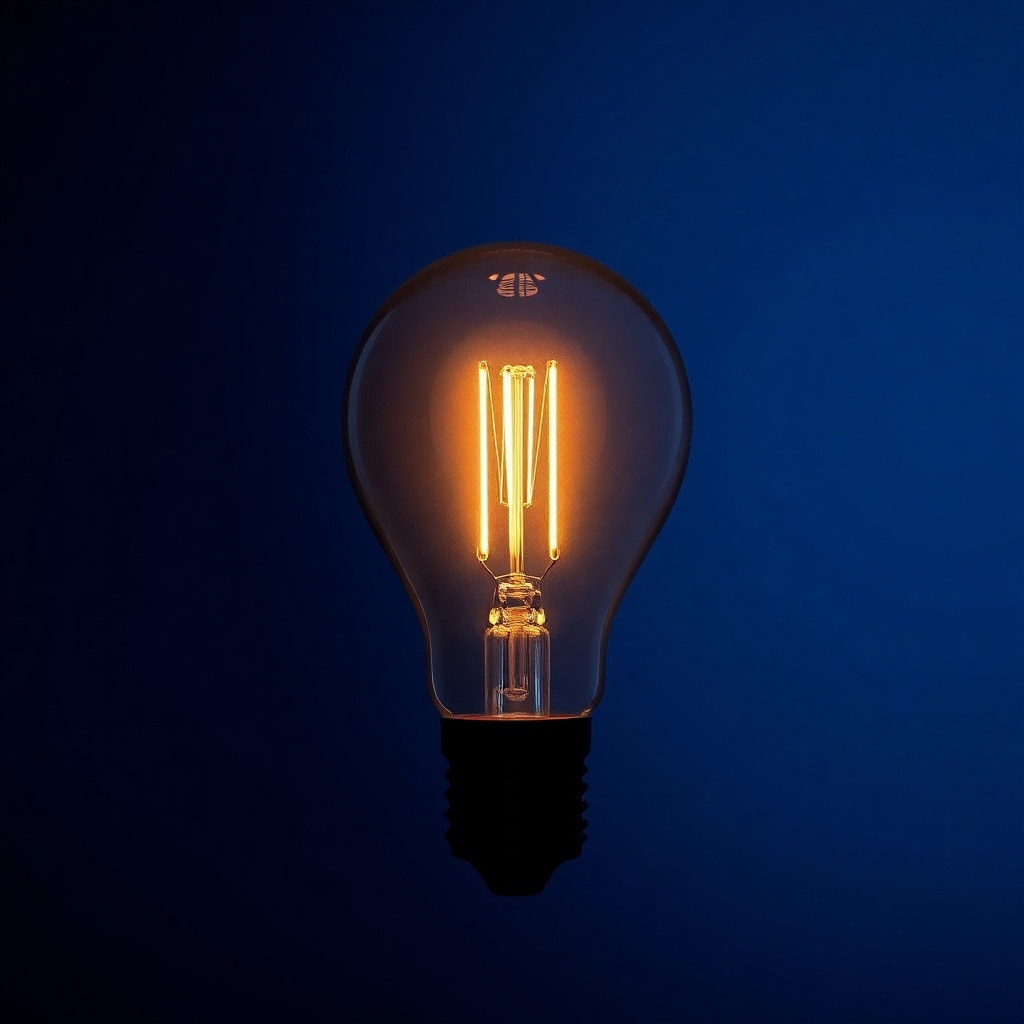 A photorealistic image of a single lightbulb, brightly lit against a dark background. The lightbulb should be perfectly clear and transparent, allowing the internal filament to be seen.  The light should cast a warm, inviting glow.  The background should be a deep, rich blue, suggesting the vast expanse of knowledge and understanding. The overall feeling is one of accomplishment and enlightenment.