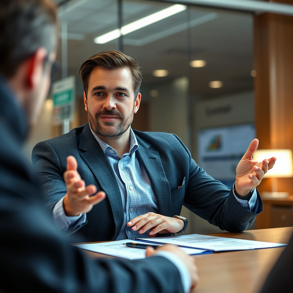 A photorealistic image of a skilled negotiator in action. The scene shows a professional sitting at a table, engaging in a negotiation with confidence and expertise. The composition should be balanced and assertive, emphasizing the negotiator's strength and competence. The lighting is professional and focused, highlighting the key aspects of the negotiation. Color palette should consist of blues, grays, and neutral tones, representing professionalism and reliability. The camera angle is a medium shot, focusing on the negotiator's face and body language. Texture details should be realistic, capturing the expressions and gestures of the negotiator. The environment is a modern office space with subtle branding elements. Props like a notepad and a pen are included. Style reference: modern corporate photography with an emphasis on leadership and expertise. Technical specs: 4K resolution, high-quality rendering with natural lighting and soft focus.