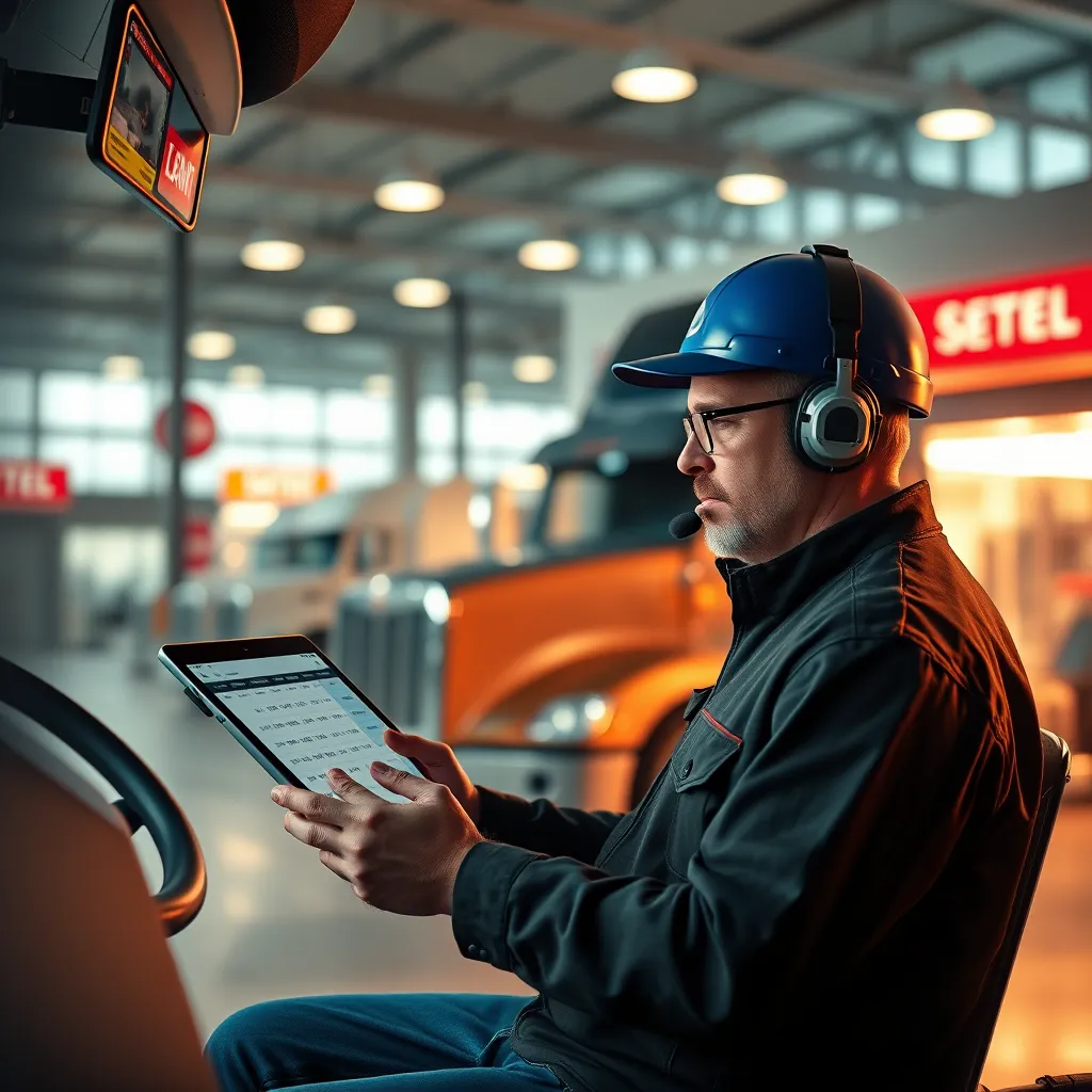 A photorealistic image of a truck driver using a digital tablet to review his monthly loan payment schedule. The background should be a modern truck stop with a vibrant atmosphere.