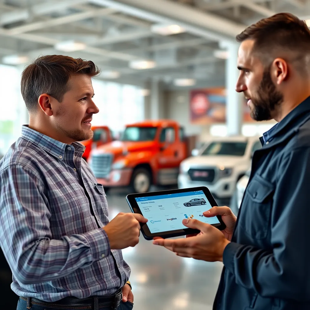 A photorealistic image of a truck salesman in a dealership, showing a potential buyer the features of a new truck. The background shows a variety of trucks on display, and the salesman is holding a tablet showcasing various financing options