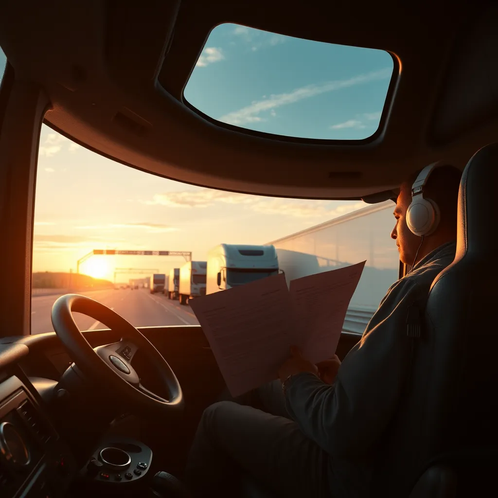 A photorealistic image of a truck driver sitting in the cab of a new semi-trailer truck, looking at a leasing contract. The background shows a bustling highway with other trucks passing by. The sun is setting in the sky, casting a warm glow on the scene