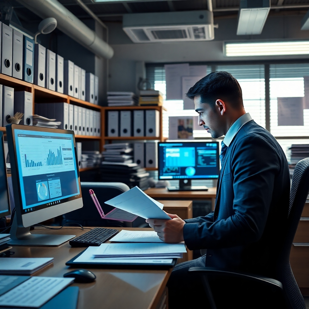 A photorealistic image of a well-organized office workspace, showcasing meticulously labelled files, digital accounting software displays, and a professional accountant reviewing documents. The overall tone should be one of efficiency and order.