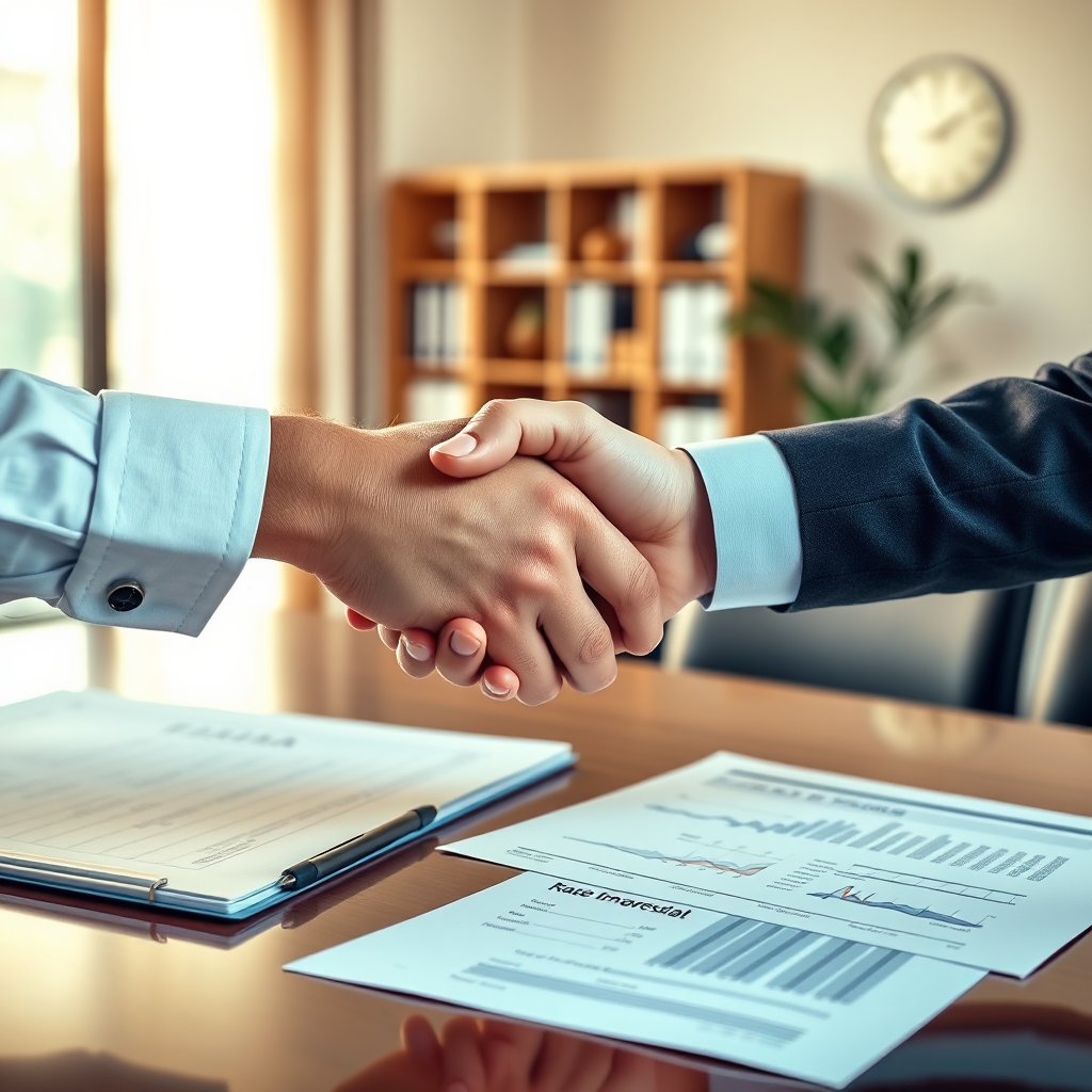 A photorealistic image of two hands shaking firmly over a desk with financial documents spread out. The background should be a warm and inviting office setting, conveying trust and partnership. The lighting should be soft and natural.