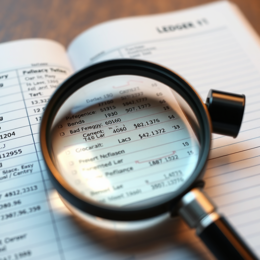 A photorealistic image showcasing a close-up view of a ledger with detailed entries and a magnifying glass highlighting specific data points. The lighting should emphasize precision and accuracy.