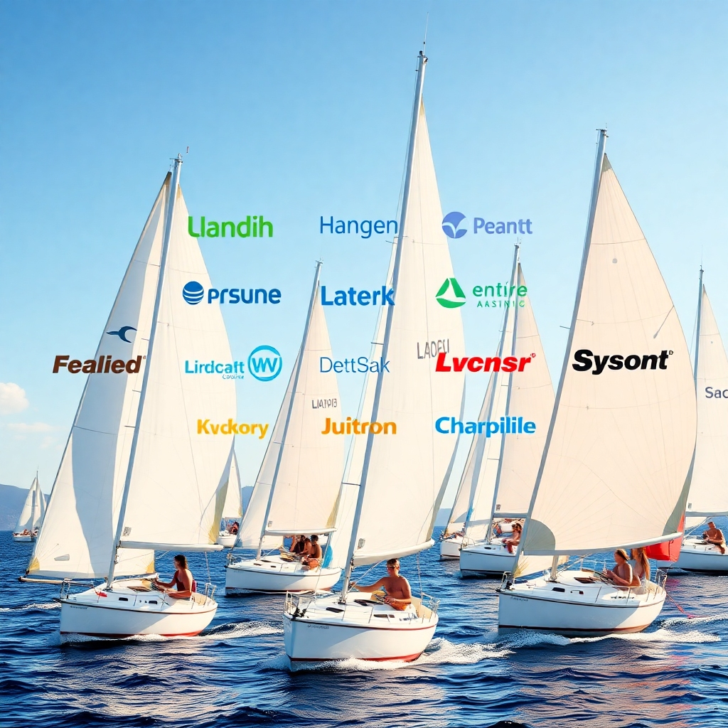 A photorealistic image showcasing various lender logos, subtly overlaid on a high-resolution image of a diverse range of people happily sailing on different trailer sailers in various sunny locations.  The overall mood should be one of choice and freedom.