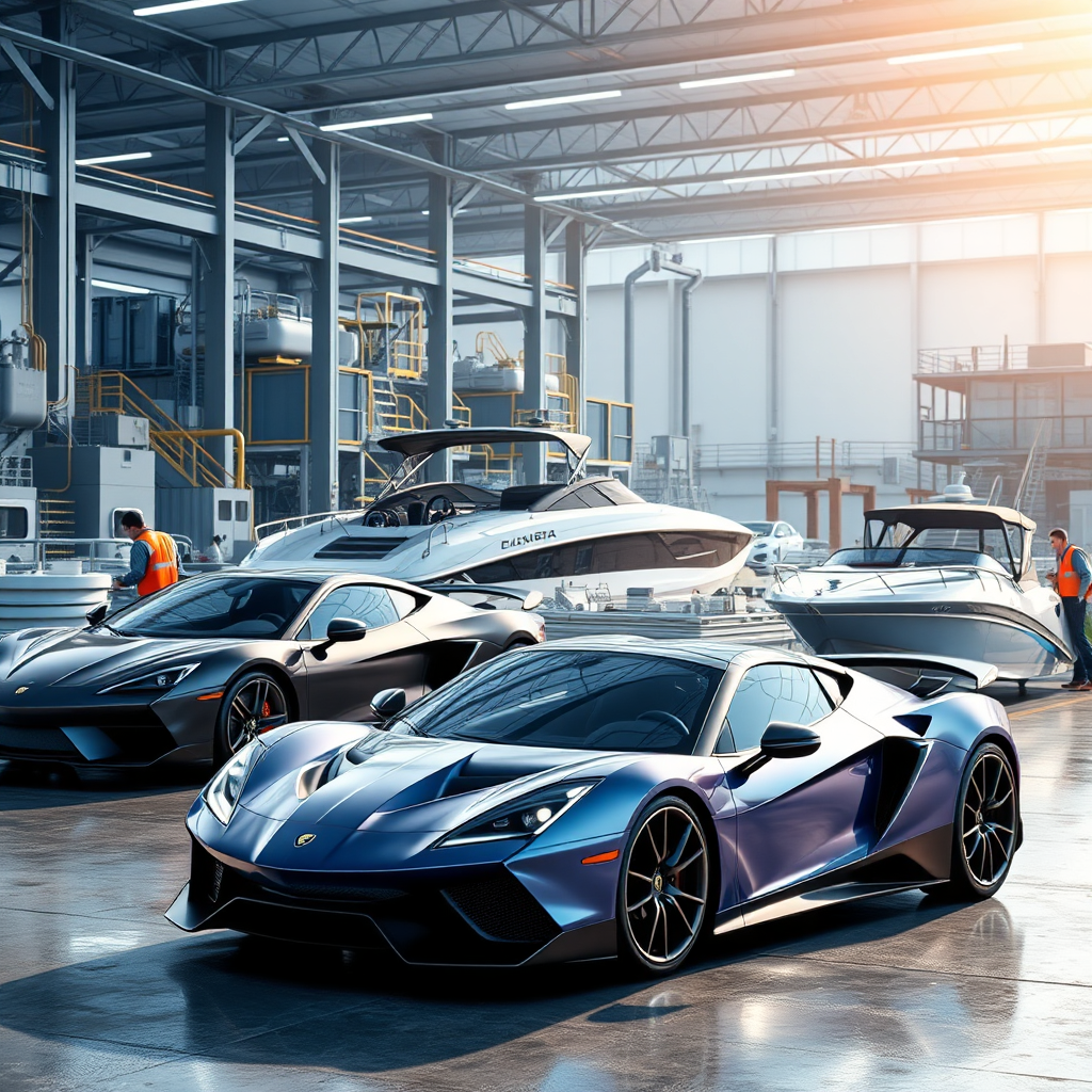 A photorealistic image showcasing a diverse range of assets. Subject matter should include a sleek sports car, a modern speedboat gliding on calm water, and state-of-the-art industrial equipment in a factory setting. The composition should be balanced and visually appealing, emphasizing the variety of financing options. The lighting is bright and dynamic, highlighting the quality and value of each asset. Color palette should be vibrant and energetic, reflecting the excitement of acquiring new assets. The camera angle is a wide shot, capturing the full range of assets. Texture details should be hyperrealistic, showcasing the materials and design of each item. The environment should be clean and modern, suggesting progress and innovation. Style reference: blend of automotive, marine, and industrial photography. Technical specs: 4K resolution, high-quality rendering with advanced lighting effects.