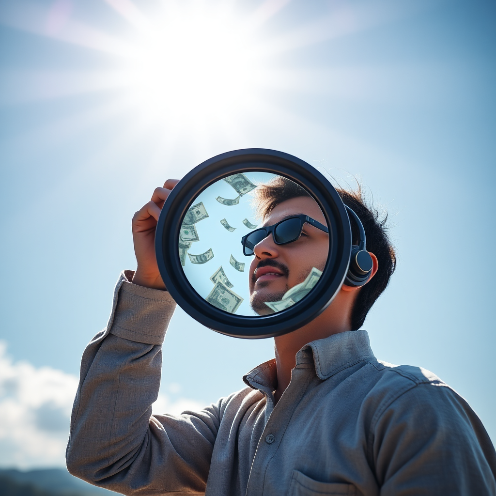 A photorealistic image showcasing a person looking through a telescope towards a bright future filled with financial success. The style should be inspirational and aspirational, with a focus on perspective.