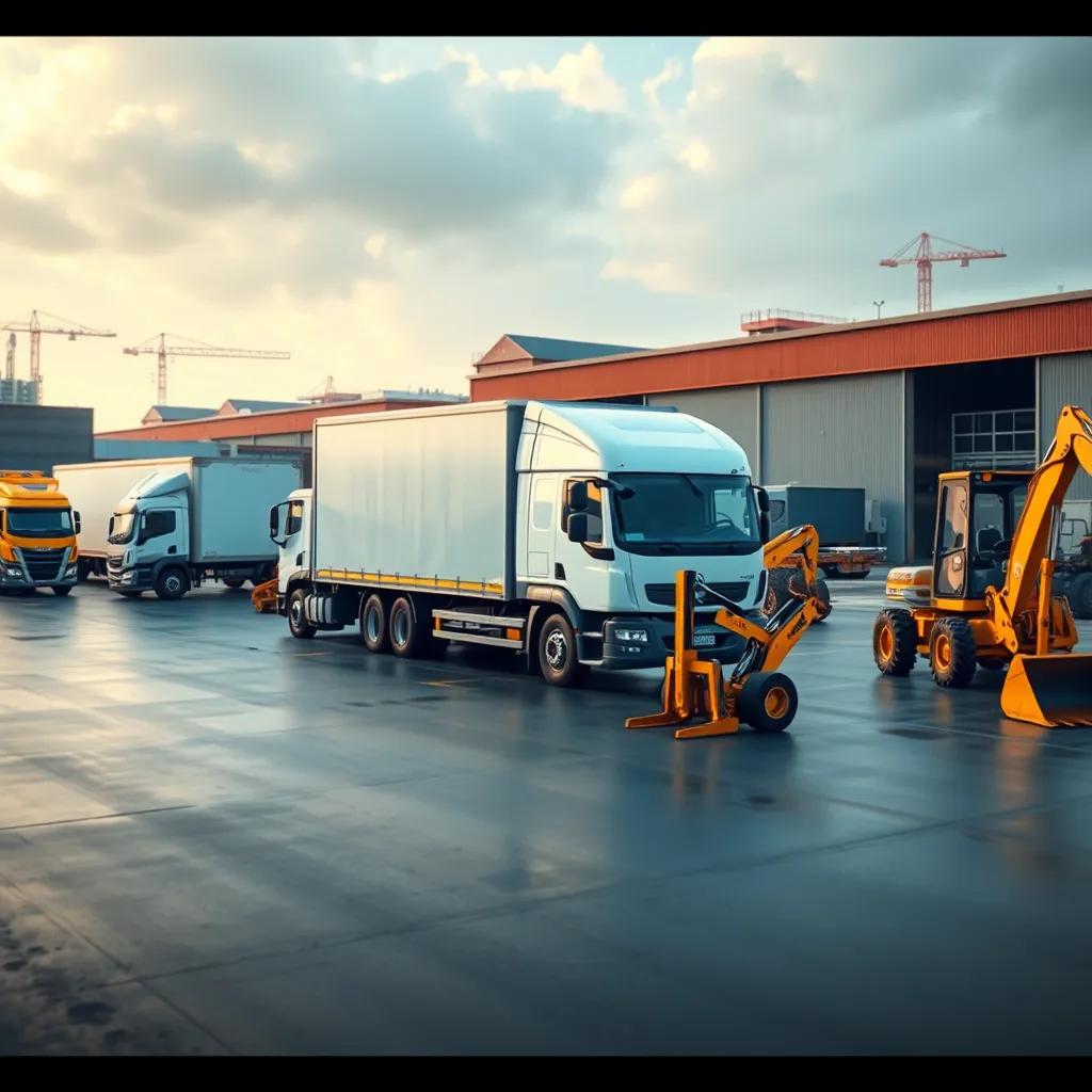 A photorealistic image showcasing a diverse range of commercial vehicles, including a delivery van, a semi-trailer truck, a forklift, and a backhoe excavator. The image should depict a bustling industrial setting with warehouses and construction sites in the background.