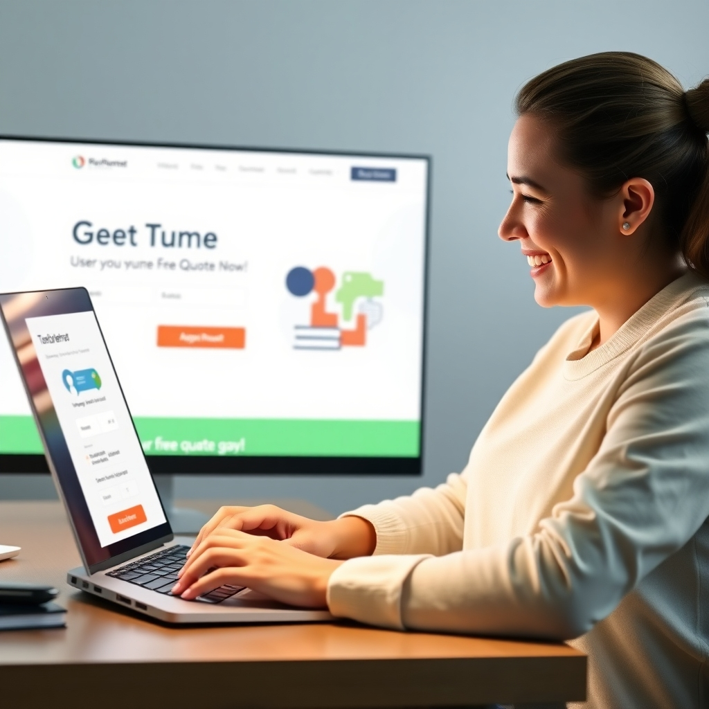 A photorealistic image showcasing a user-friendly online application form on a laptop, with a person smiling and looking at it. The background displays a positive, welcoming website design with the headline 'Get Your Free Quote Now'. The overall style is modern, clean, and trustworthy. High resolution, professional feel.